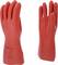 Two red rubber gloves, standing upright, with text and markings on one glove. Suitable for electrical protection.