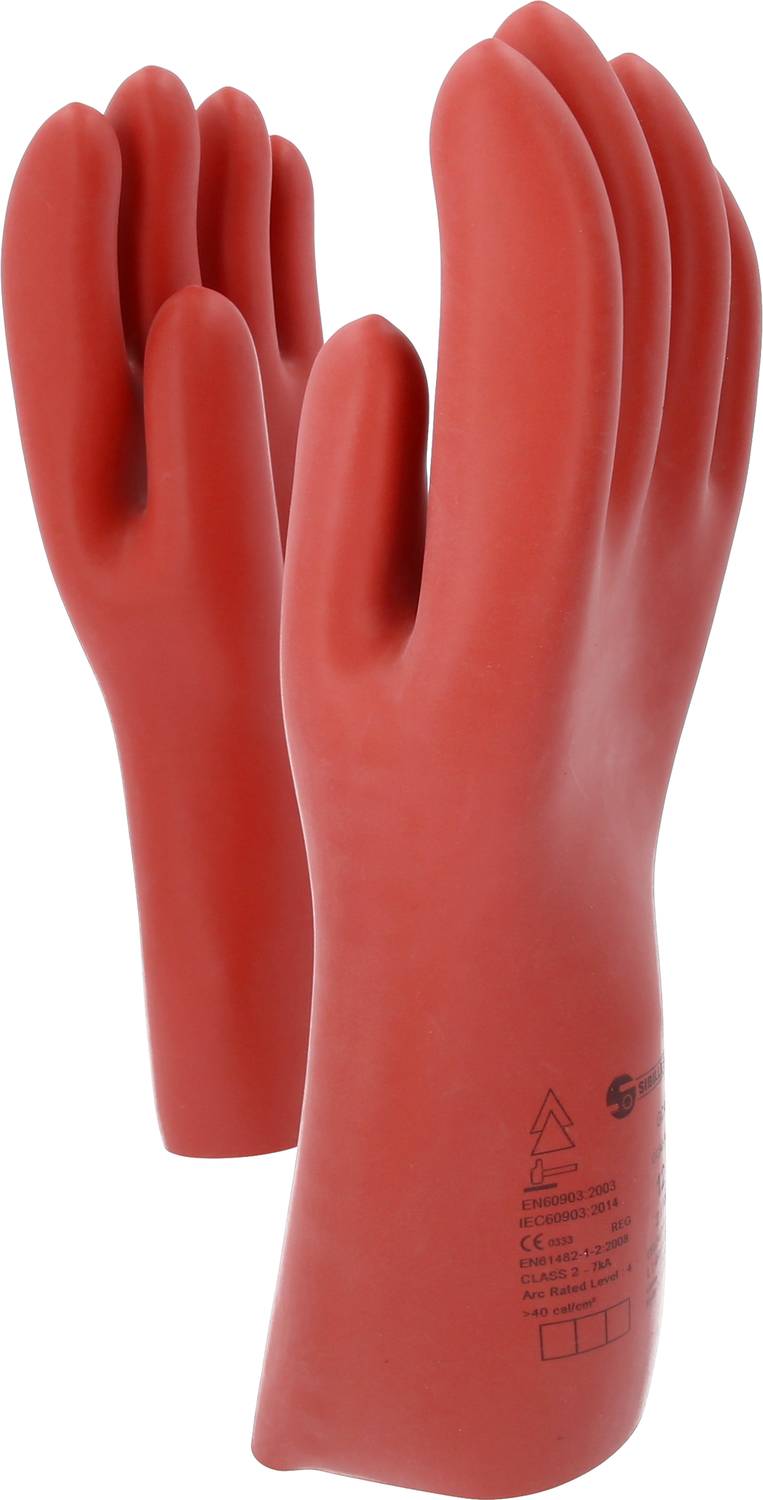 Two red rubber protective gloves are standing upright. They bear safety markings on the surface.