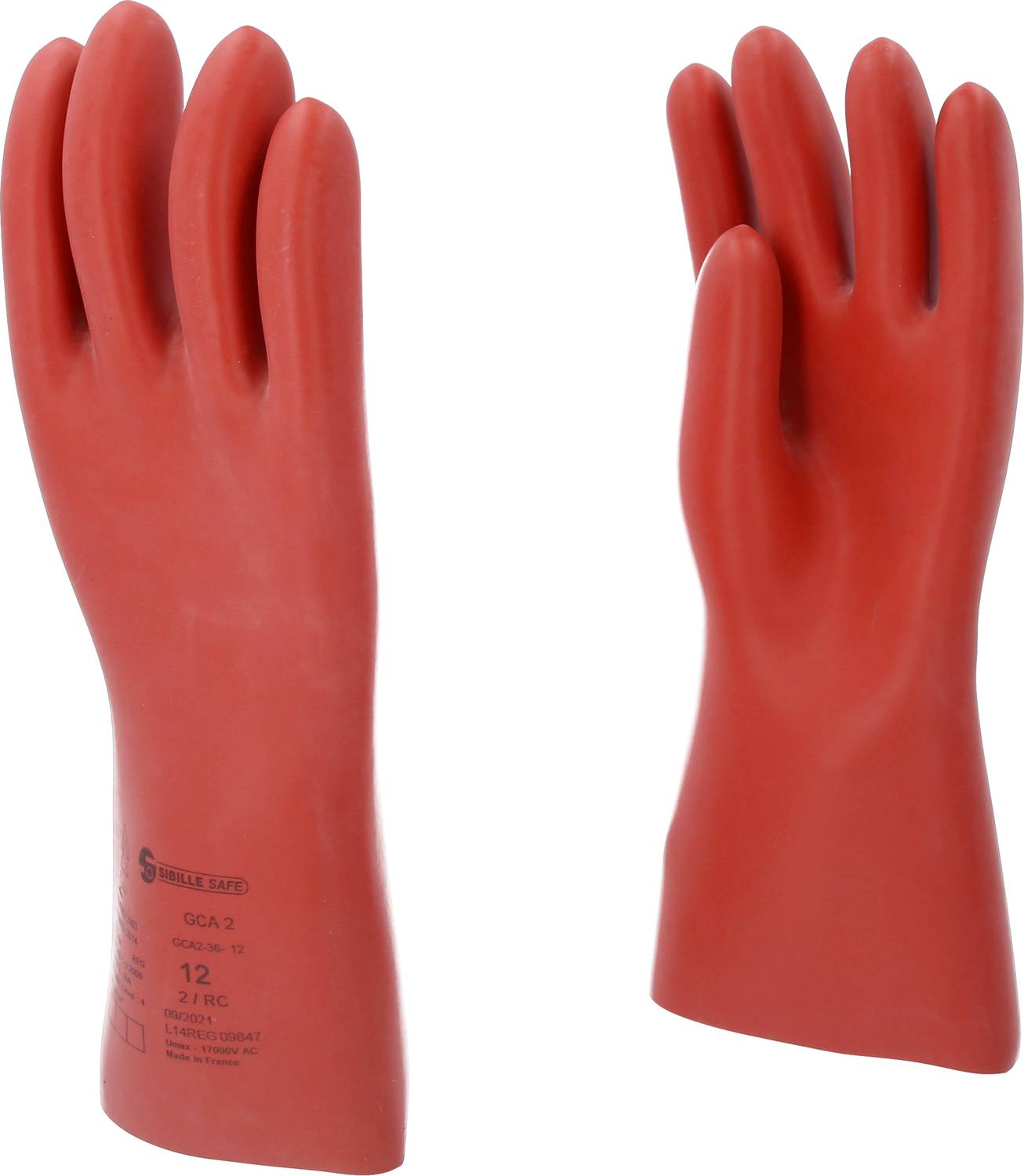 Two red rubber gloves, one marked with 'EN 60903 Class 2', are standing upright. They are insulating and suitable for electrical work.