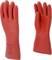 Two red rubber gloves, one marked with 'EN 60903 Class 2', are standing upright. They are insulating and suitable for electrical work.