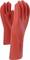Two red rubber electrical safety gloves, standing upright, with CE marking and safety information.
