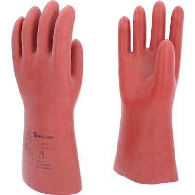 Two red insulating rubber gloves standing upright. Safety instructions are printed on the left. Suitable for electrical work.