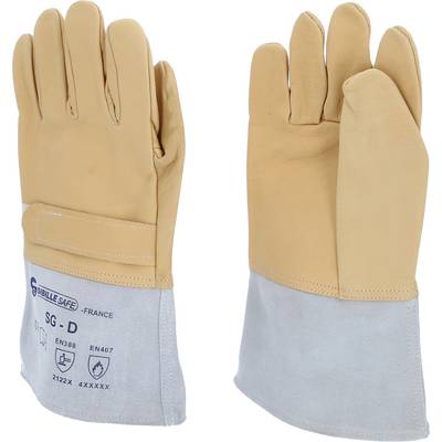 Two yellow protective gloves with grey cuffs, marked with 'SG-D', suitable for mechanical and thermal risks.