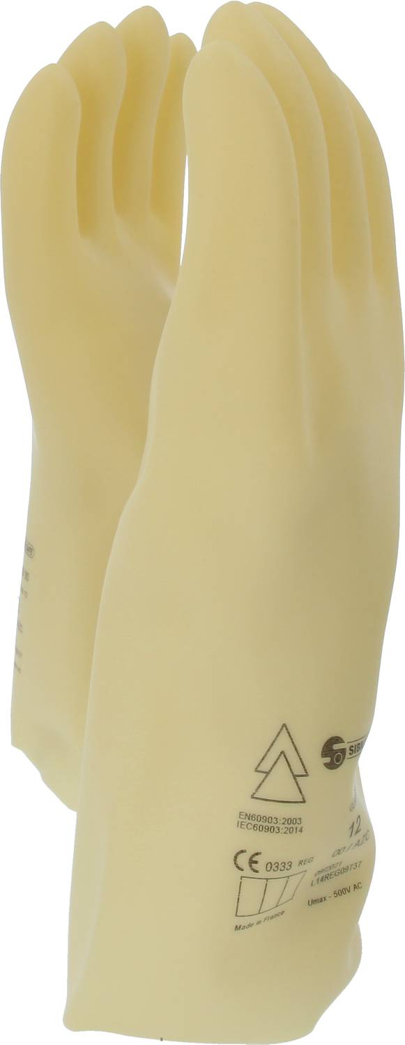 Beige rubber insulating gloves, suitable for electrical work. CE certification and protective markings are printed on the gloves.