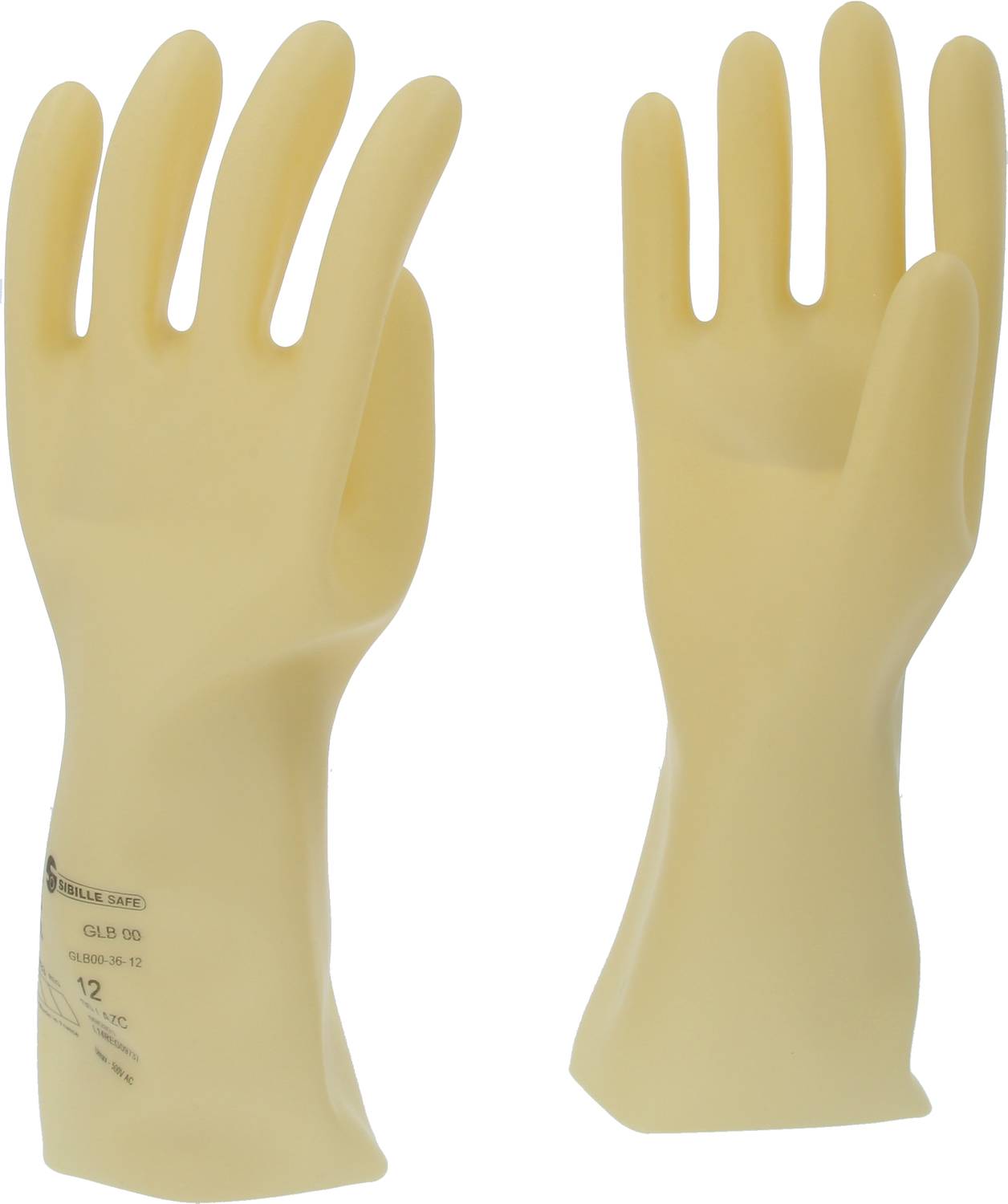Two yellow protective gloves, standing upright, each showing four fingers. They are made of latex and intended for industrial use.