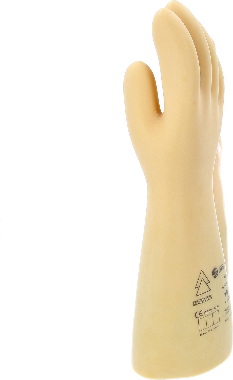 A yellow rubber glove printed with safety certificates and symbols, standing upright, curved to the left.