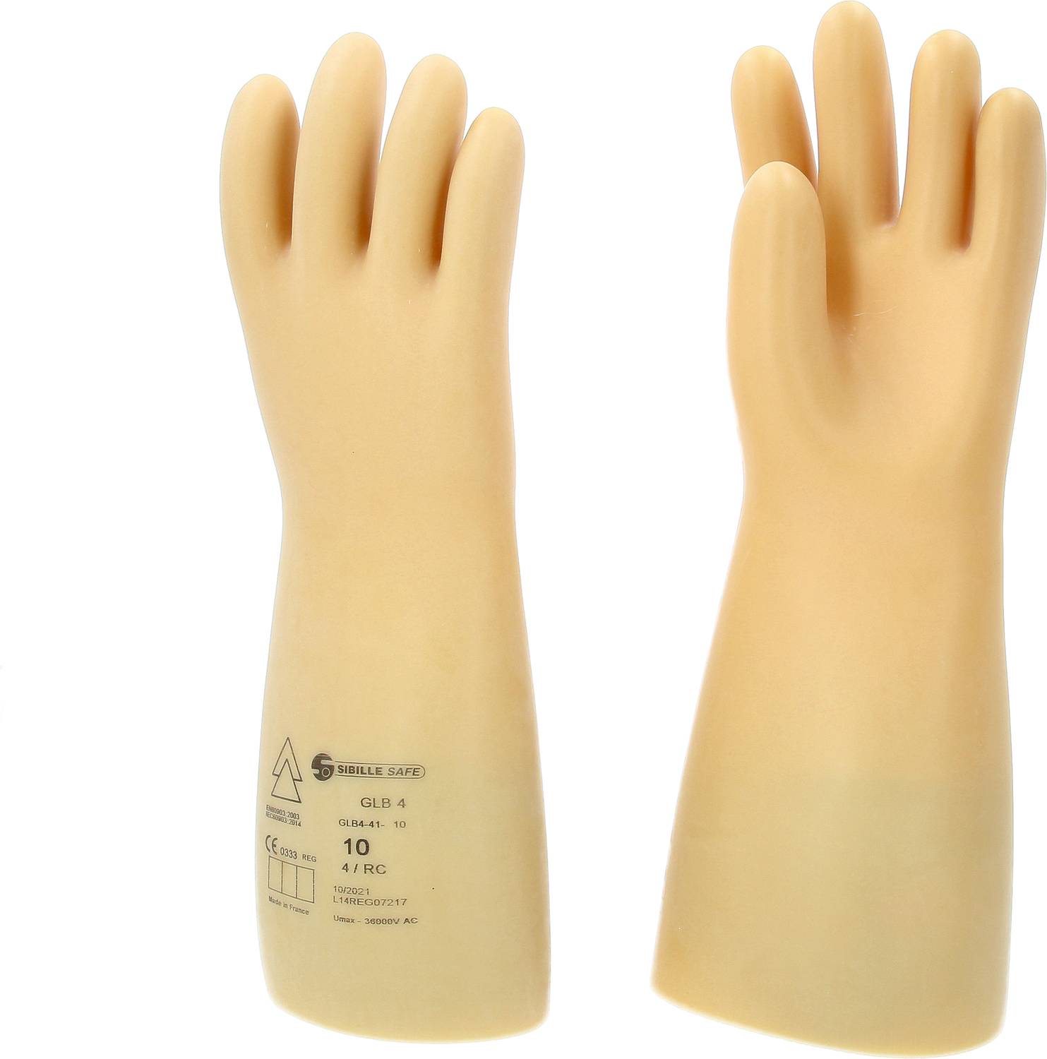 Two yellow rubber gloves in an upright position. Technical data is printed on one of the gloves.
