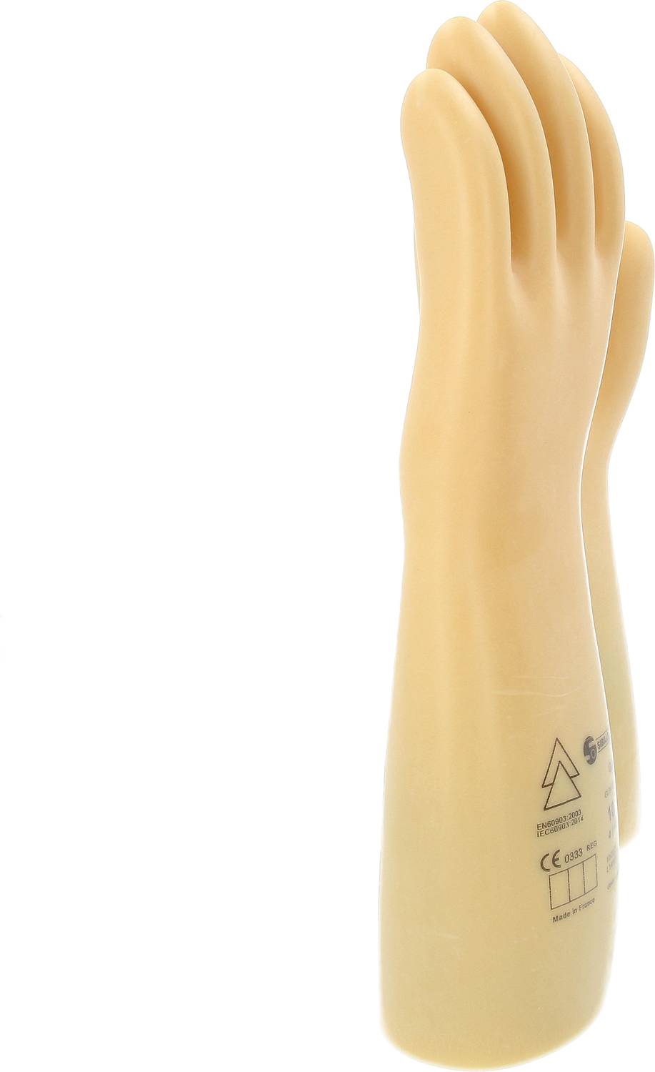 'Rubber insulating gloves, for protection against electrical current. CE mark and pictograms on the surface.'