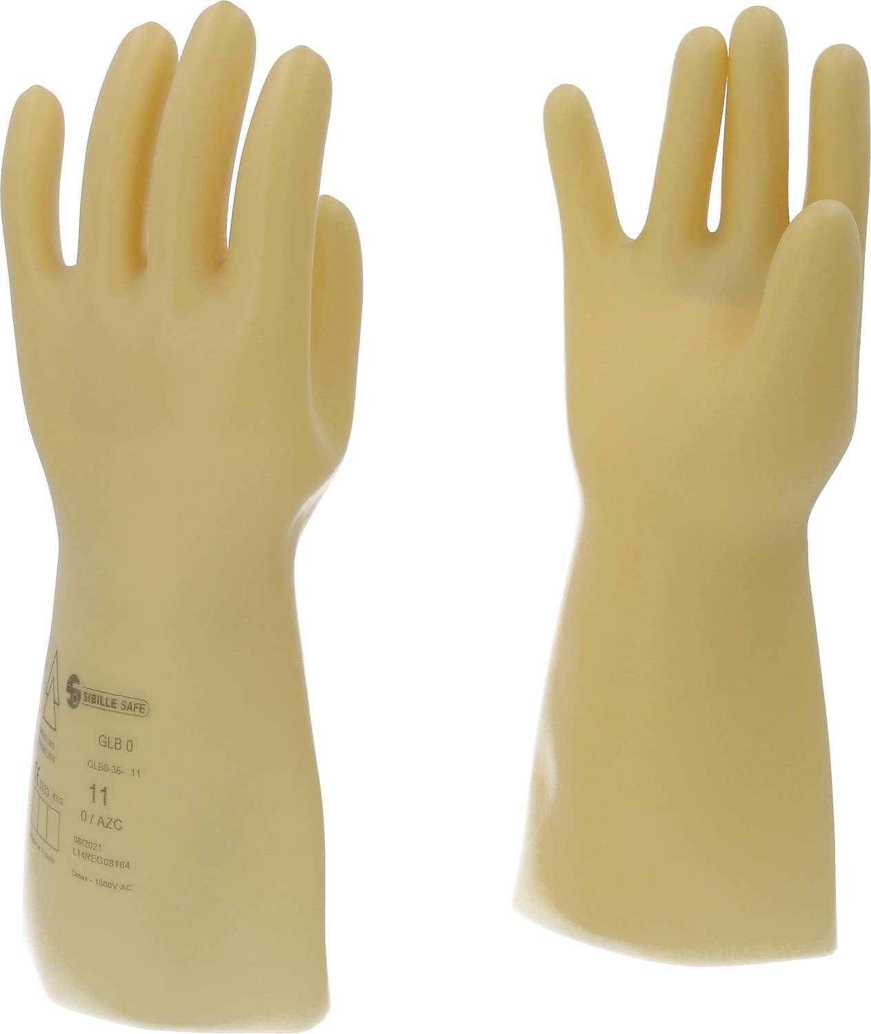 Two yellow electrical insulating gloves for electrical work, with high voltage resistance. The left view shows the back of the glove with a label.