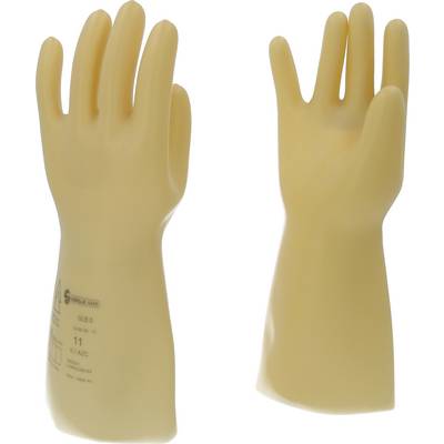 Two yellow electrical insulating gloves for electrical work, with high voltage resistance. The left view shows the back of the glove with a label.