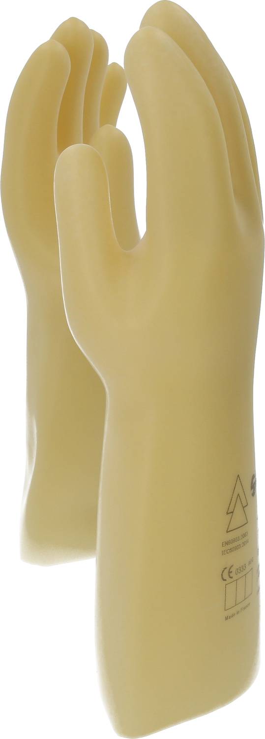 Two yellow rubber gloves stand upright side by side. They have a smooth surface and are designed for industrial use.