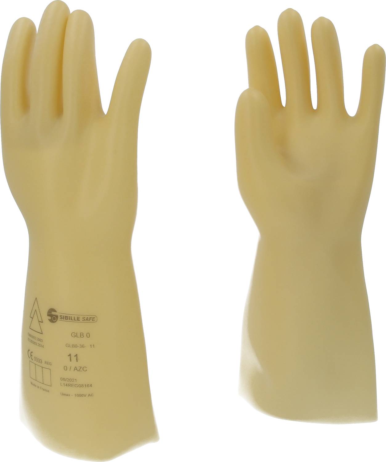 Two yellow protective gloves, one shown from the front and one from the side, with markings on one glove.