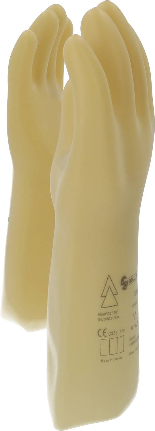 Two yellow rubber gloves standing side by side, with safety certification markings printed on them. They serve as protective equipment.