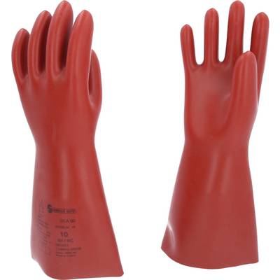 Red rubber insulating gloves for protection against electrical hazards, with size and specifications printed on them.