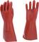 Red rubber insulating gloves for protection against electrical hazards, with size and specifications printed on them.
