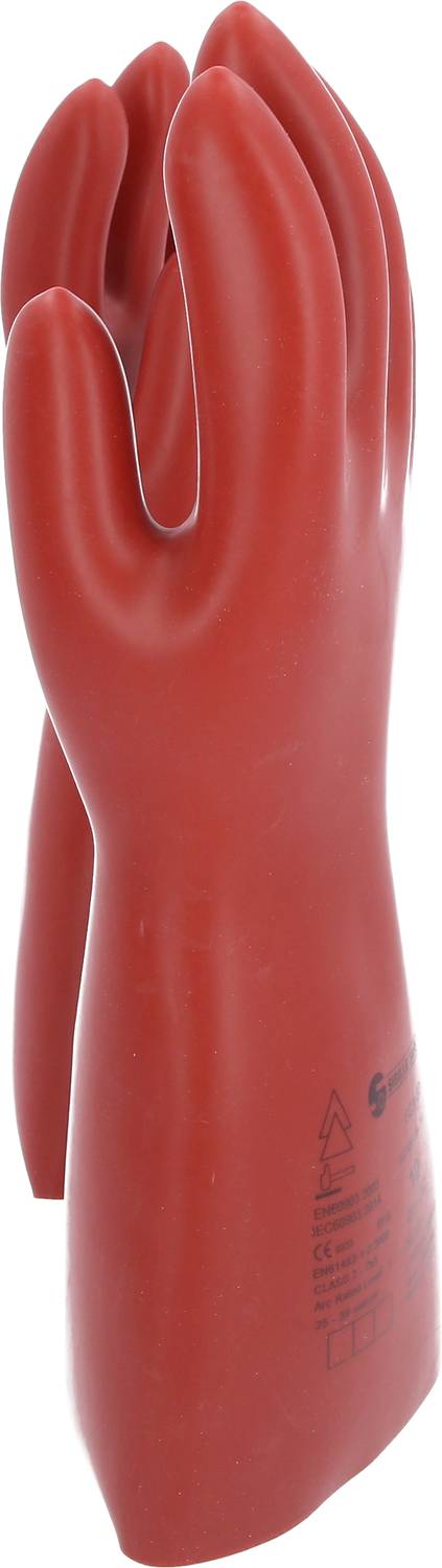 Two red insulating rubber gloves used for protection when working with electricity.