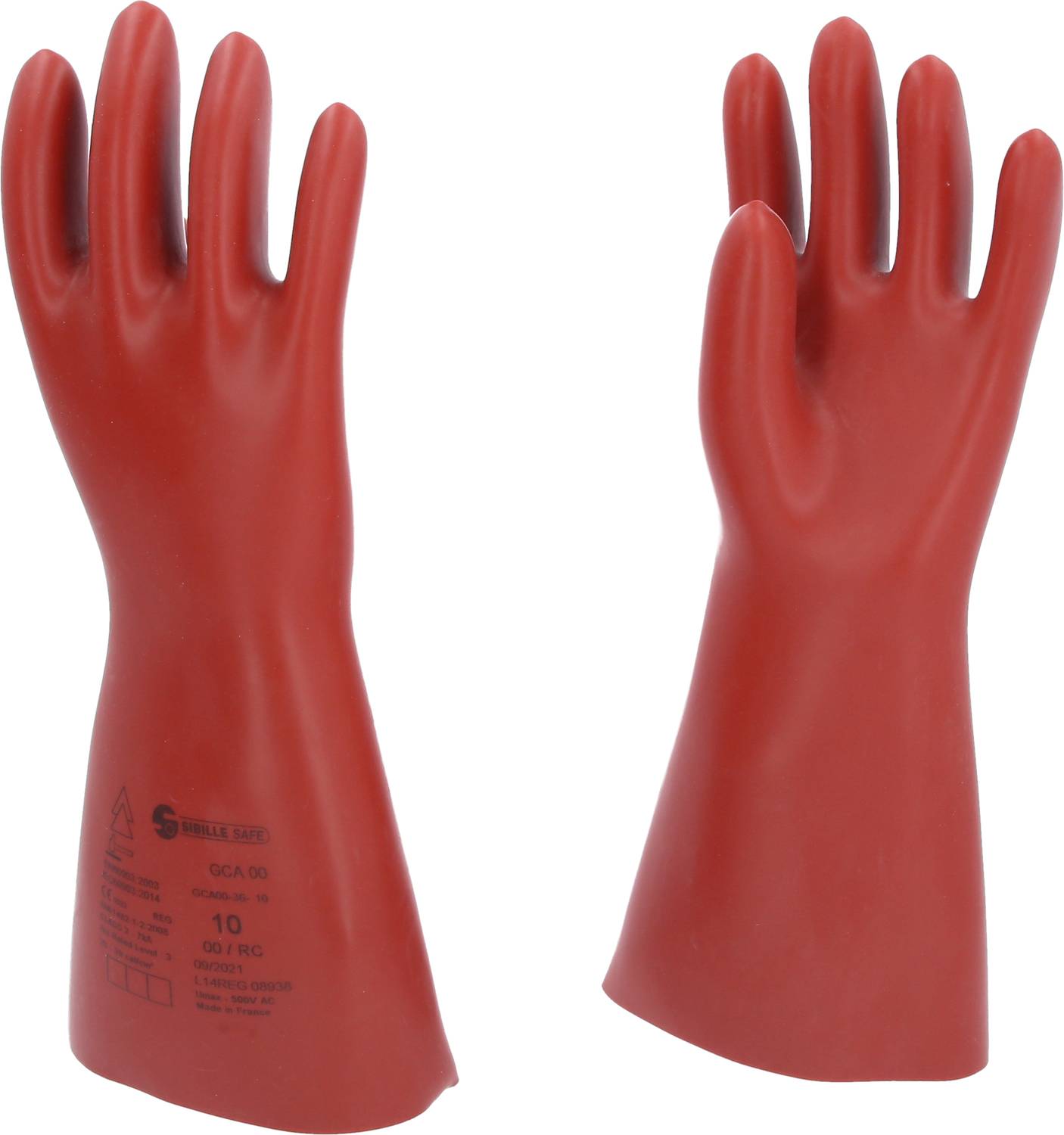 Two red rubber protective gloves positioned opposite each other. Printed markings on the gloves display technical details.