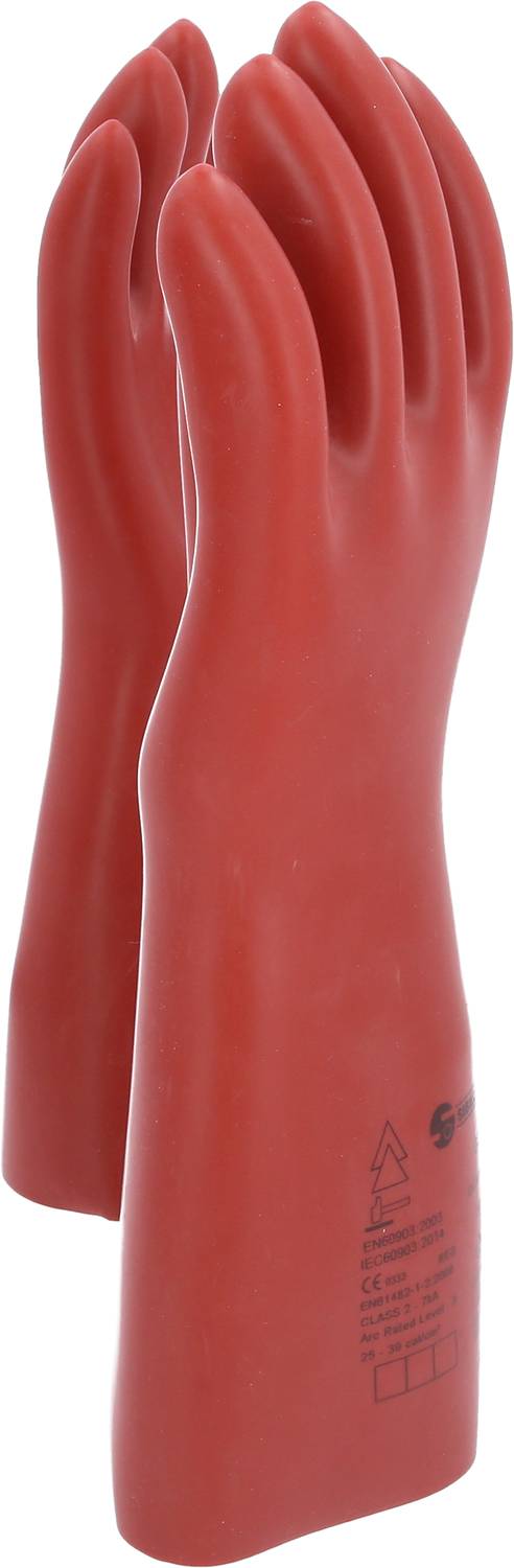 Isolated rubber gloves for electrical protection, red in colour, standing upright, with inscription on the front.