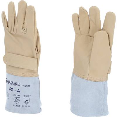 Two heat-resistant work gloves made of leather and fabric, marked with protective standards EN388 and EN407, 'SG-A' model.