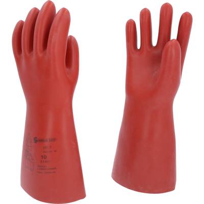 Red rubber protective gloves used for electrical work. They have a smooth surface and long gauntlets.