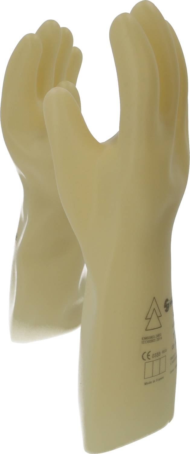 Two yellow rubber protective gloves standing upright, printed with safety certification markings.