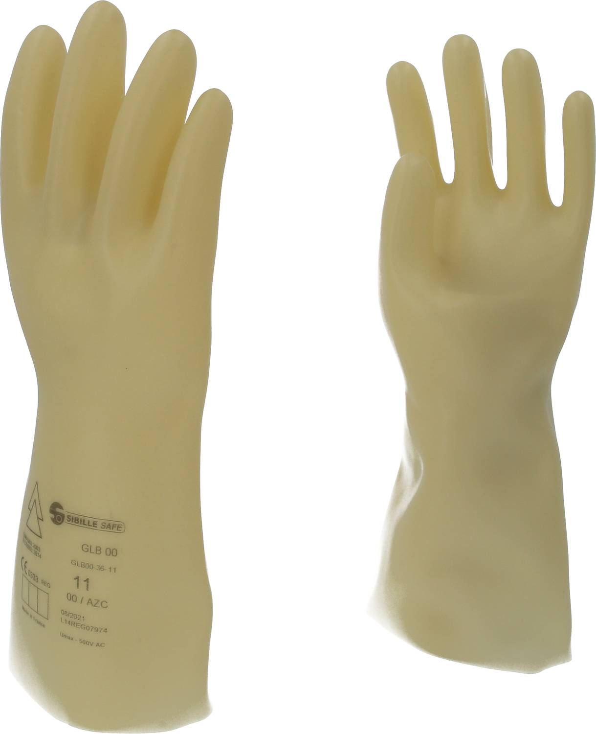 Two yellow protective gloves standing upright. The left glove shows technical details and markings.