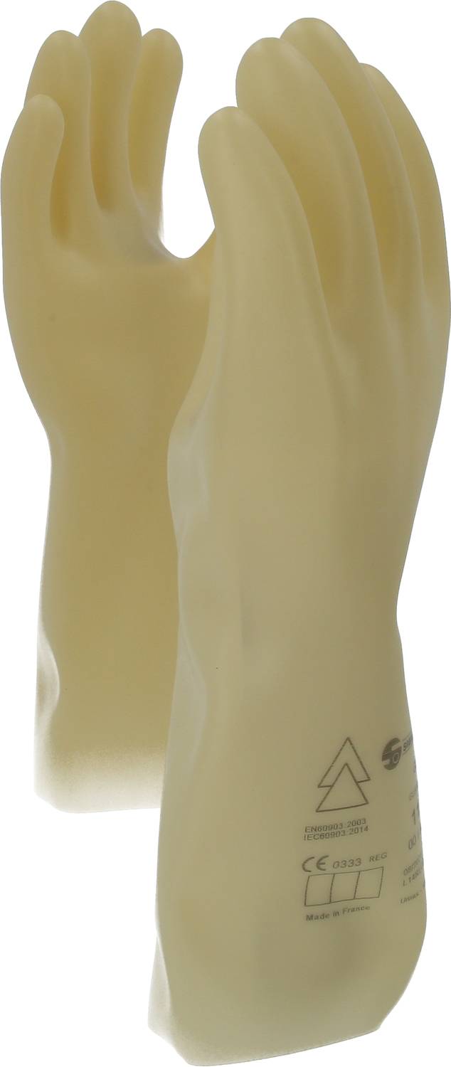 Two beige rubber protective gloves, lying on top of each other, with CE safety markings on one of the gloves.