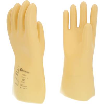 Two yellow insulating protective gloves for high voltages, labelled with safety certificates, standing side by side.