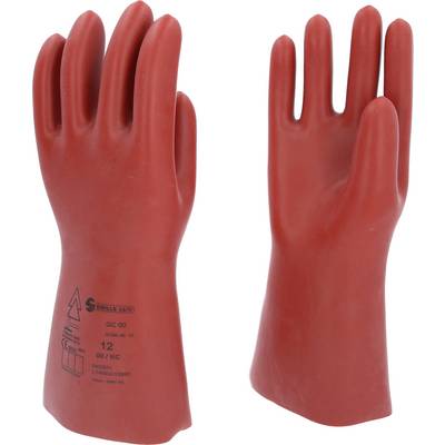 Two red insulating electrician's gloves, classified as Class 0, 12 inches in size, for protection against electrical shocks.
