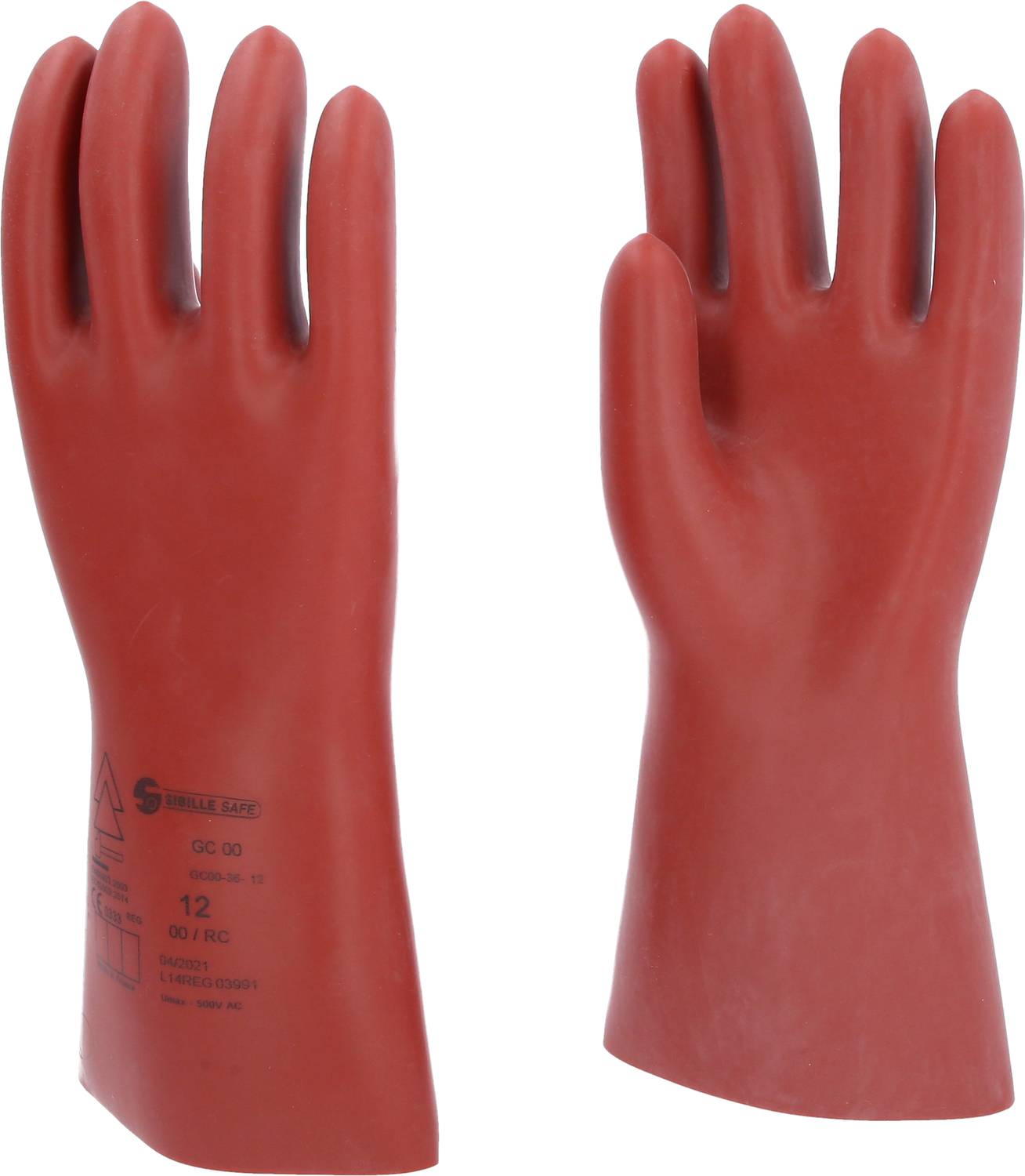 Two red rubber gloves are standing upright. On the left, the back side with black text is visible, on the right the front side without text.