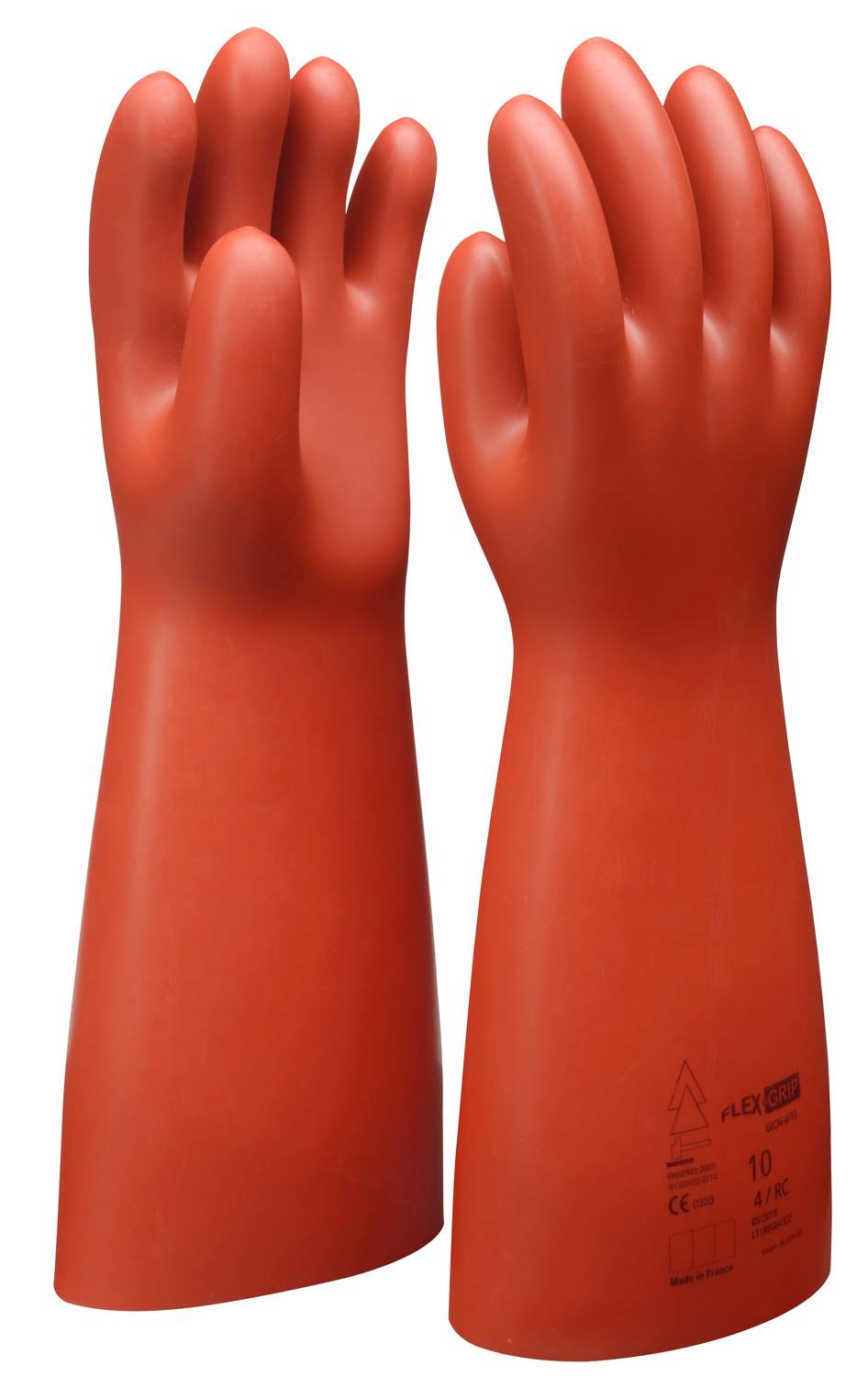 Two red electrical insulating gloves standing upright side by side.