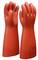 Two red electrical insulating gloves standing upright side by side.