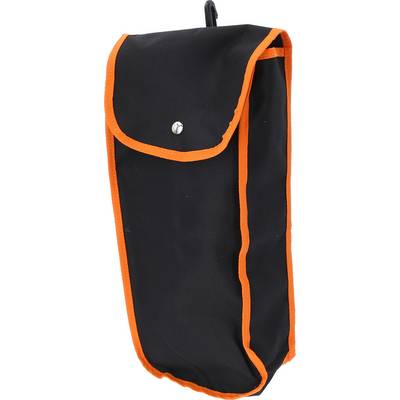 Black bag with orange trim and button fastening, hook at the top. Ideal for storing or transporting tools.