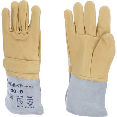 Two pairs of work gloves, beige and grey, with long cuffs. Manufacturer information and protection classes printed.