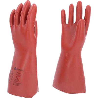 Red insulating gloves for electrical protection, providing safety when working with high voltage. Two views: front and side view.