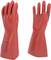 Red insulating gloves for electrical protection, providing safety when working with high voltage. Two views: front and side view.