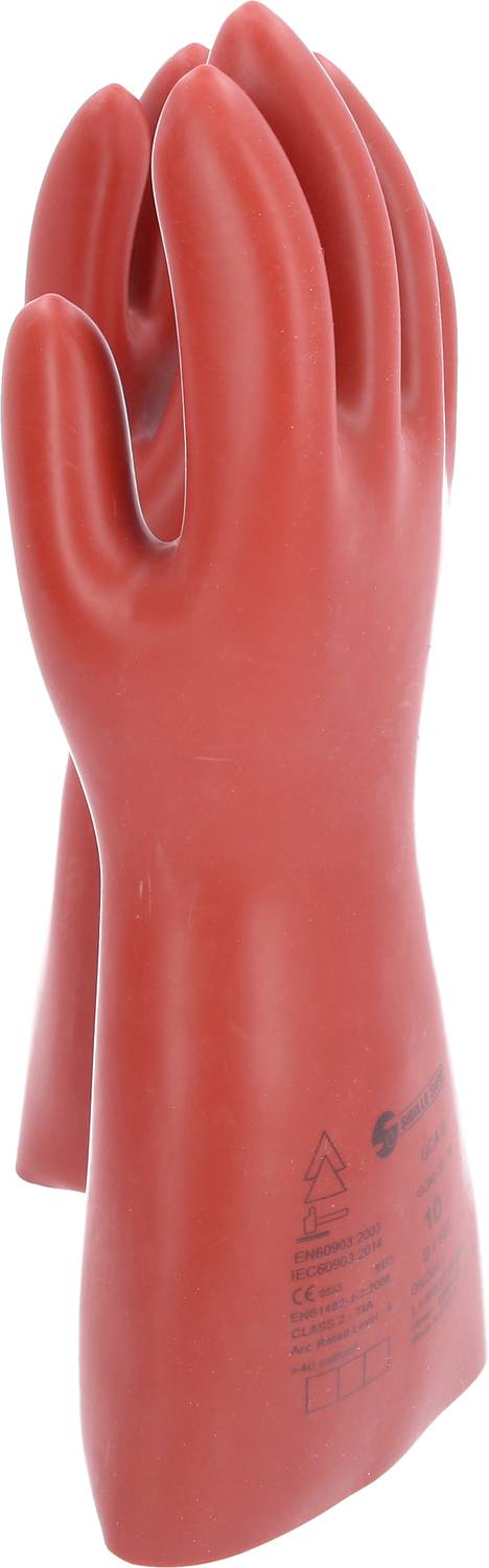 Red rubber safety gloves used for electrical protection.