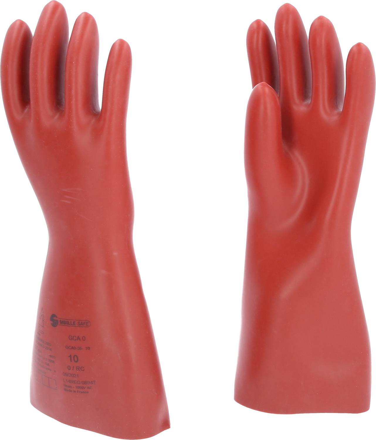 Two red insulating gloves, standing side by side. They are designed for electrical work protection and display a label with technical details.