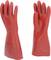 Two red insulating gloves, standing side by side. They are designed for electrical work protection and display a label with technical details.