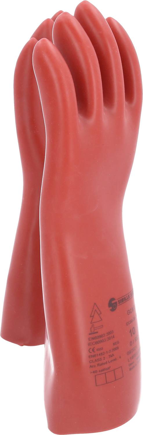 A pair of red insulating gloves, suitable for high voltage, with CE marking, stand upright.