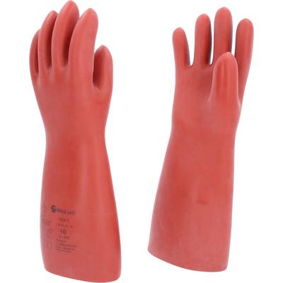 Two red insulating gloves for electrical protection, standing side by side, display their palms and fingertips.