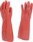 Two red insulating gloves for electrical protection, standing side by side, display their palms and fingertips.