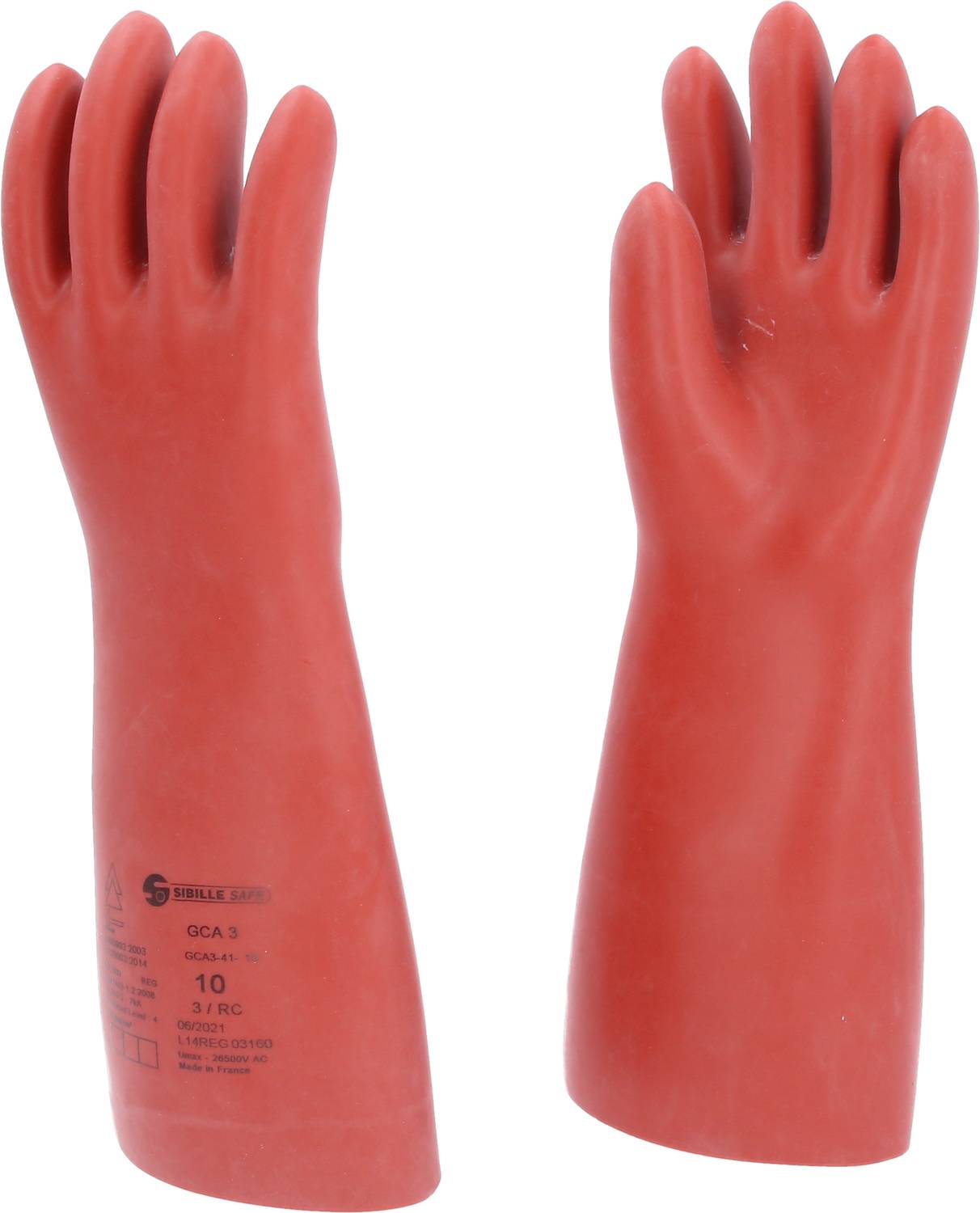 Two red rubber gloves, high and thick, for electrical protection. One shows the palm, the other the back. Size indication visible.