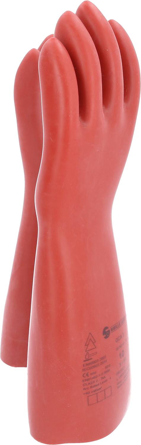 Two red, high-voltage-resistant protective gloves, standing upright next to each other, with safety information printed on the wrist.