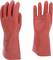 Two red rubber protective gloves standing upright. The left glove displays a product identification marking with numbers and letters.
