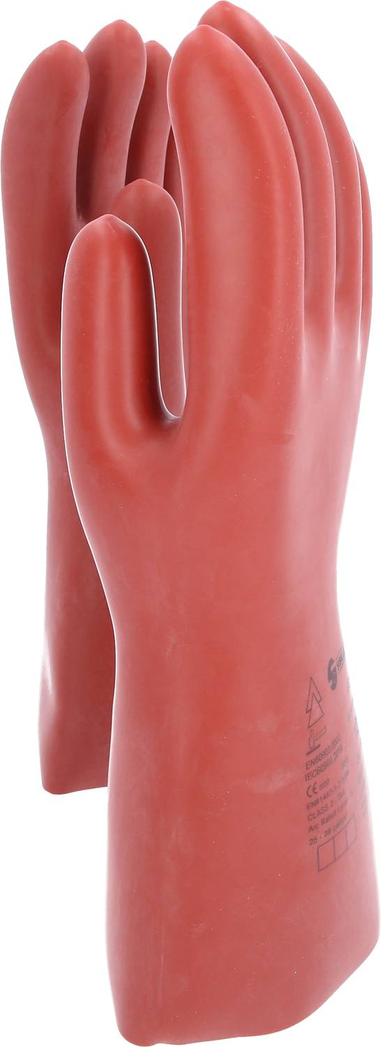 Two red rubber gloves are placed side by side. They are long with a smooth surface and are typically used for protection during work.