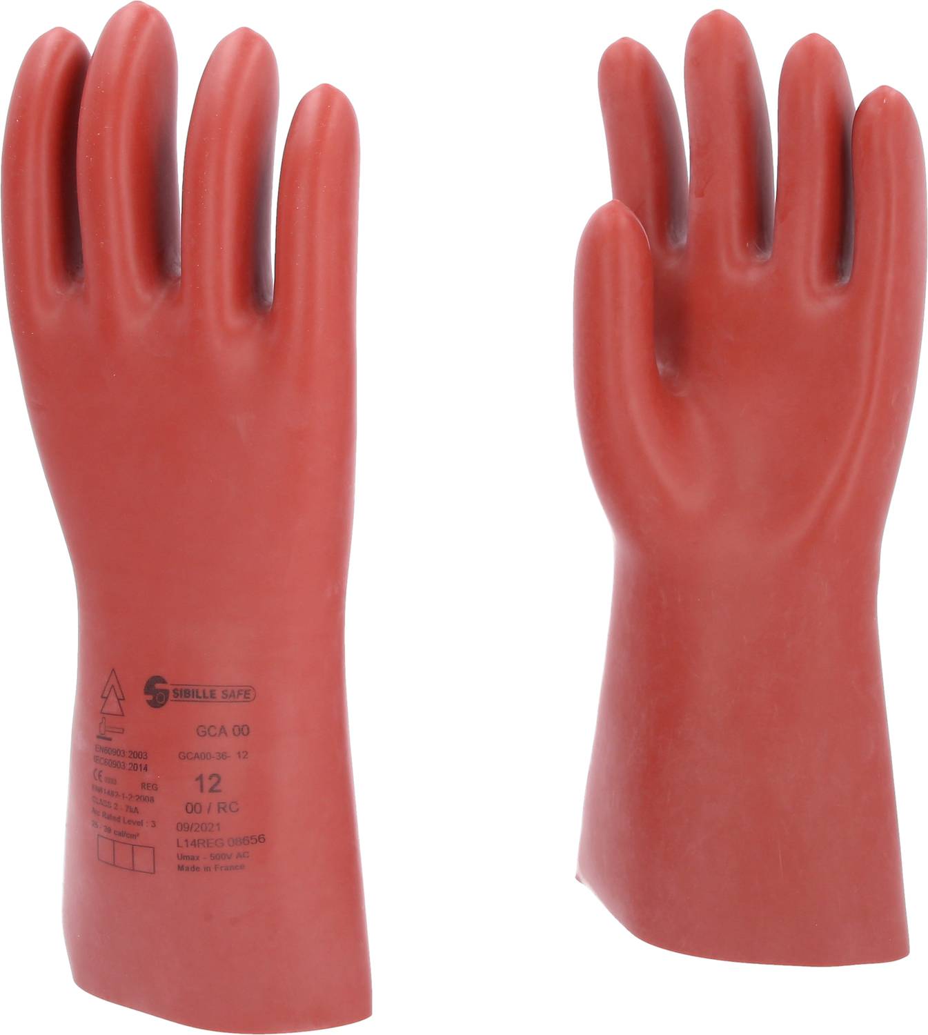 Two red rubber safety gloves, one with technical information printed on it.