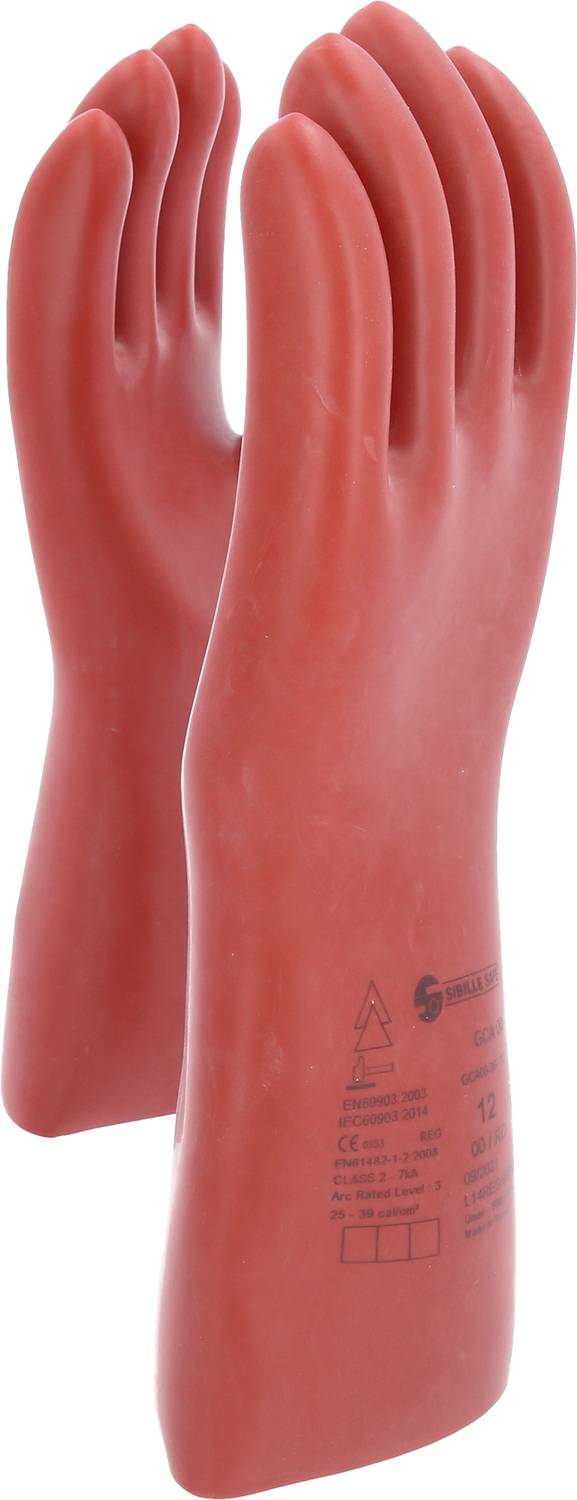 Two red, insulating rubber gloves are standing upright. They are intended for electrical protection and have technical information printed on them.