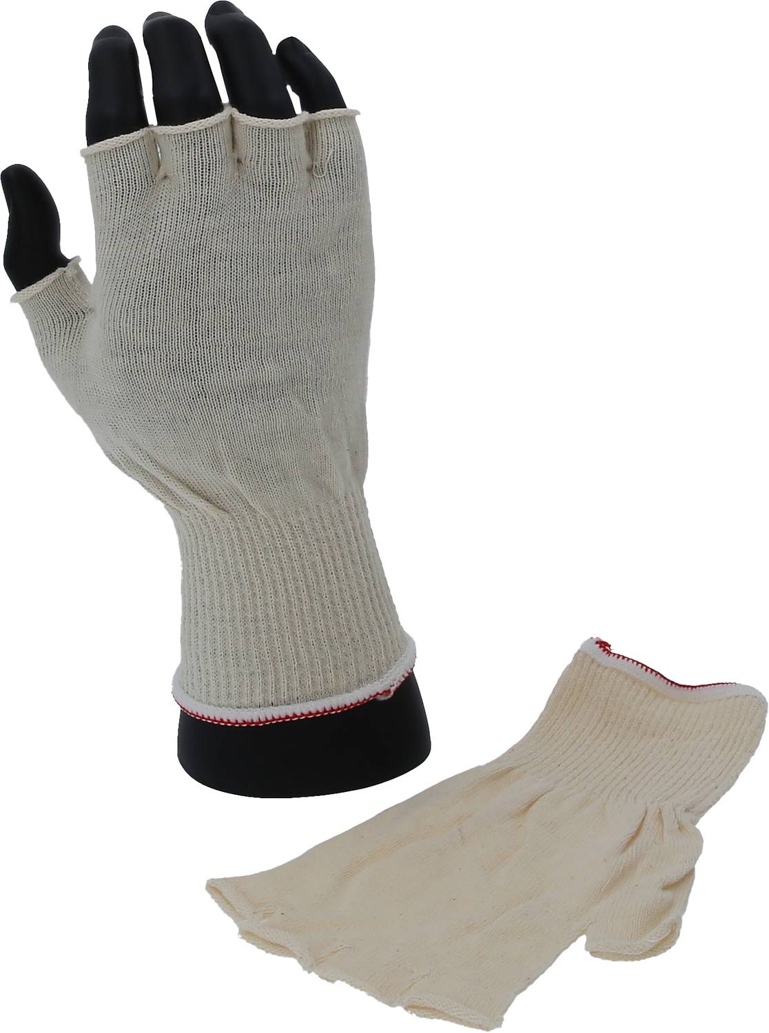 A black hand puppet is wearing a fingerless, cream-coloured knitted glove. Beside it lies a similar glove laid flat.