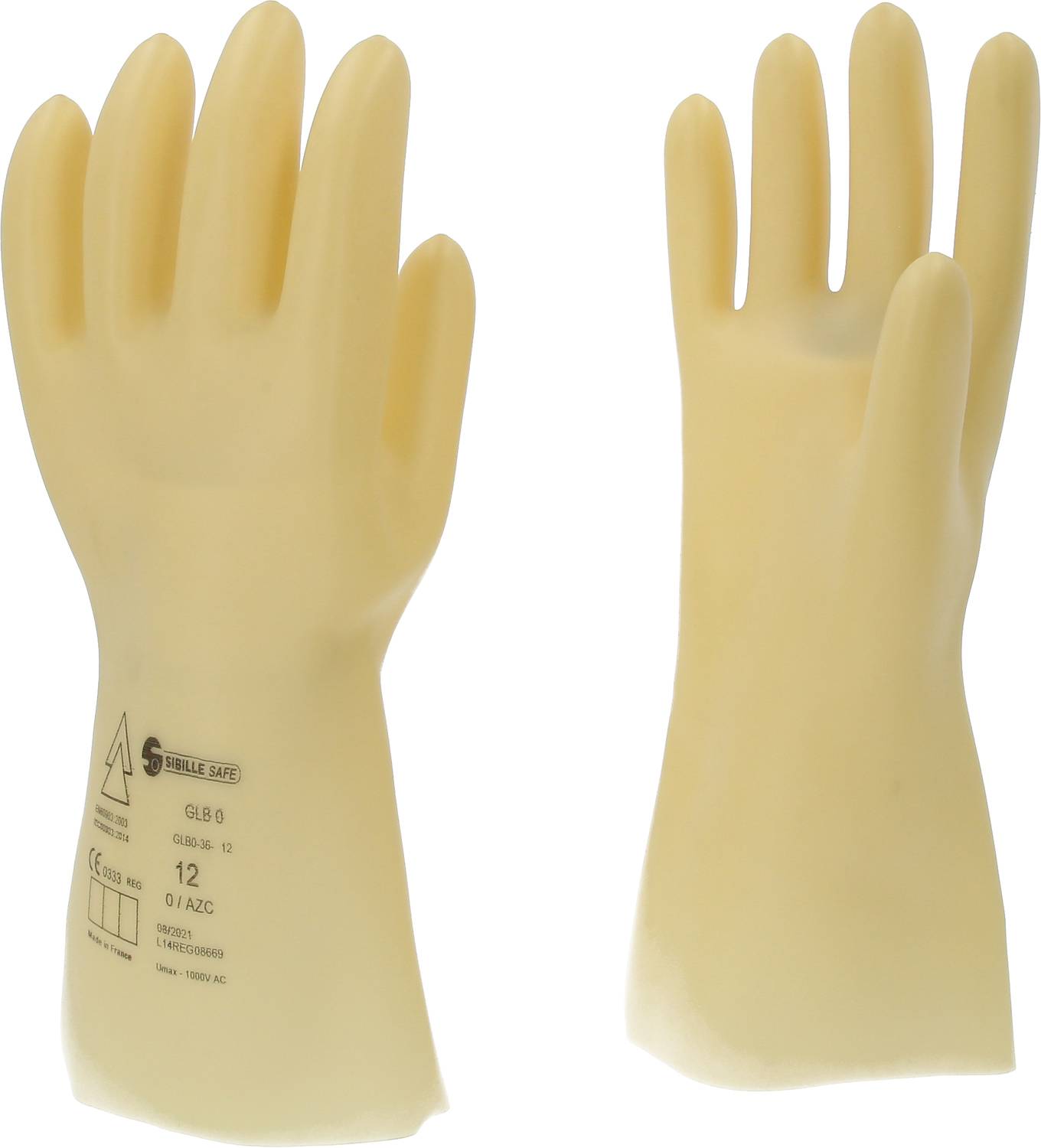 Two yellow rubber protective gloves standing upright; one showing the palm, the other the back of the hand. Text and symbols visible.